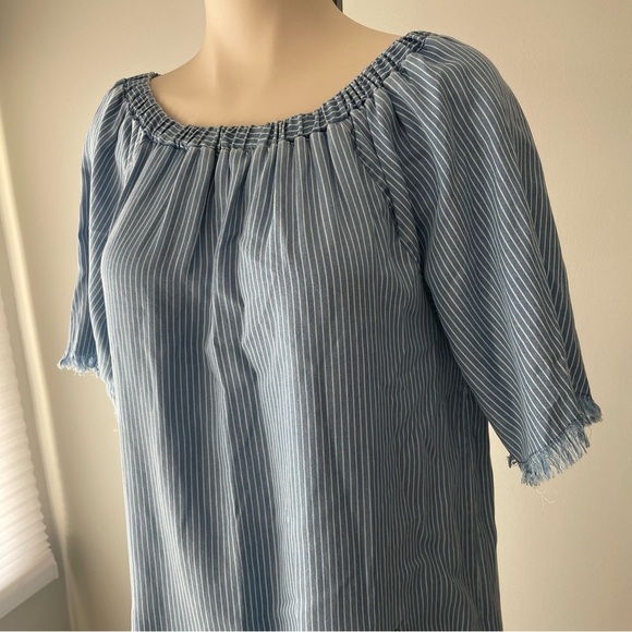 ANTHRO Standard Grace Striped Blue White High Low Fringe Dress Loose Relaxed - Picture 4 of 8